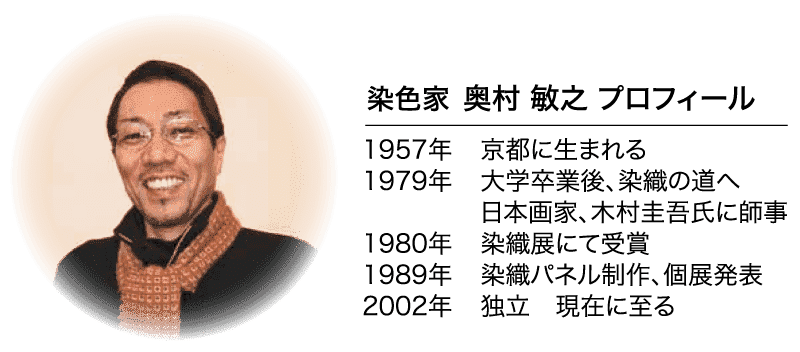 染色家 奥村 敏之 プロフィール 1957年 京都に生まれる 1979年 大学卒業後、 染織の道へ 日本画家、木村圭吾氏に師事 1980年 染織展にて受賞 1989年 染織パネル制作、個展発表 2002年 独立 現在に至る