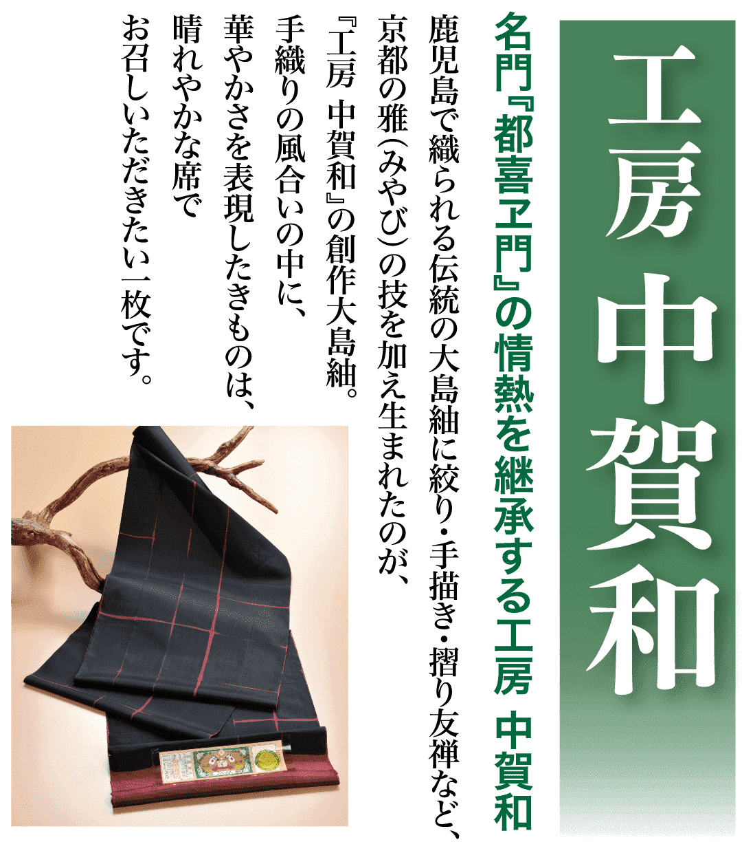 工房 中賀和 名門『都喜ヱ門』の情熱を継承する工房 中賀和 鹿児島で織られる伝統の大島紬に絞り・手描き・摺り友禅など、 京都の雅(みやび)の技を加え生まれたのが、 『工房 中賀和』の創作大島紬。 手織りの風合いの中に、 華やかさを表現したきものは、 晴れやかな席で お召しいただきたい一枚です。