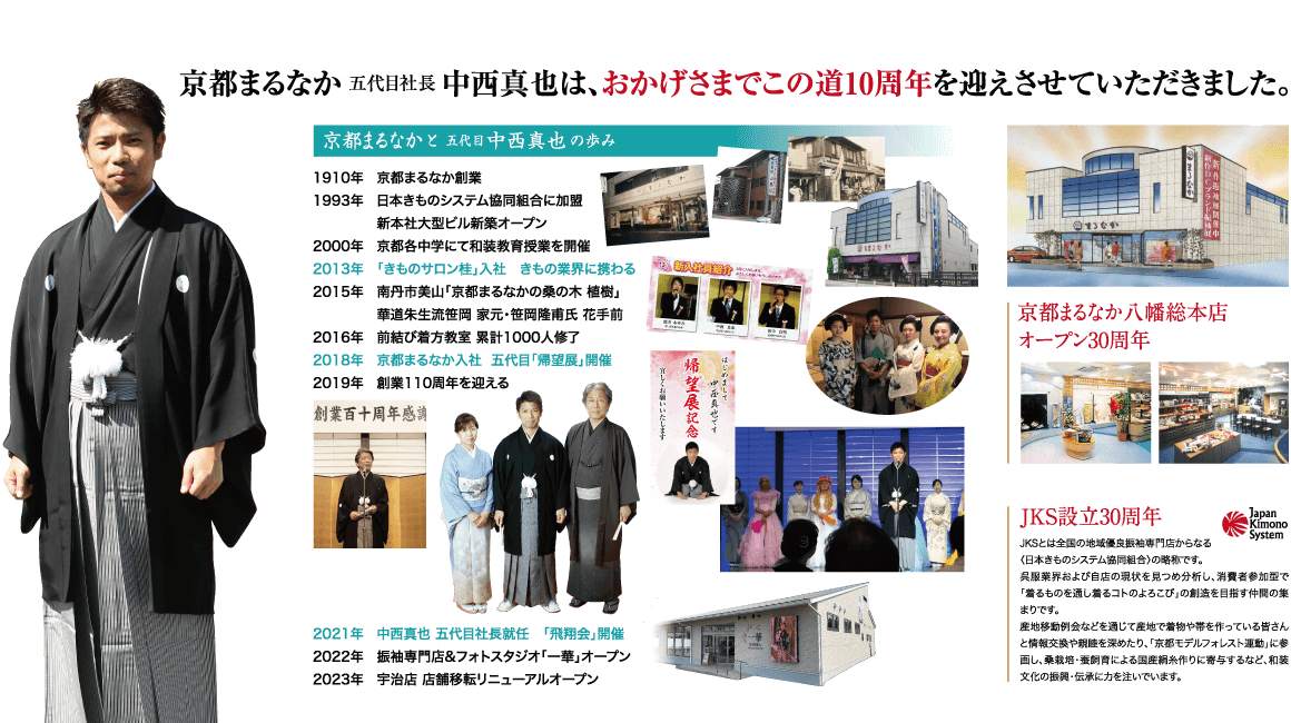 京都まるなか五代目社長 中西真也は、 おかげさまでこの道10周年を迎えさせていただきました。