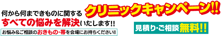 何から何まできものに関するクリニックキャンペーン!! すべての悩みを解決いたします!! お悩み&ご相談のおきもの・帯を会場にお持ちください!! 見積り・ご相談無料!!
