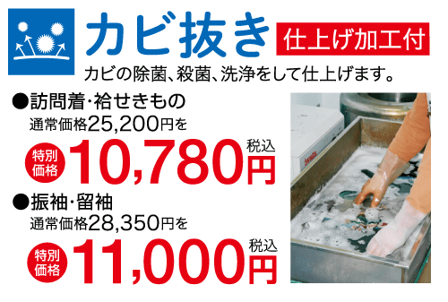 カビ抜き |仕上げ加工付 カビの除菌、殺菌、 洗浄をして仕上げます。 ●訪問着・袷せきもの 通常価格25,200円を 【特別 4 10,780 価格 ■振袖・留袖 通常価格28,350円を 【特別 円 + 11,000 円 価格