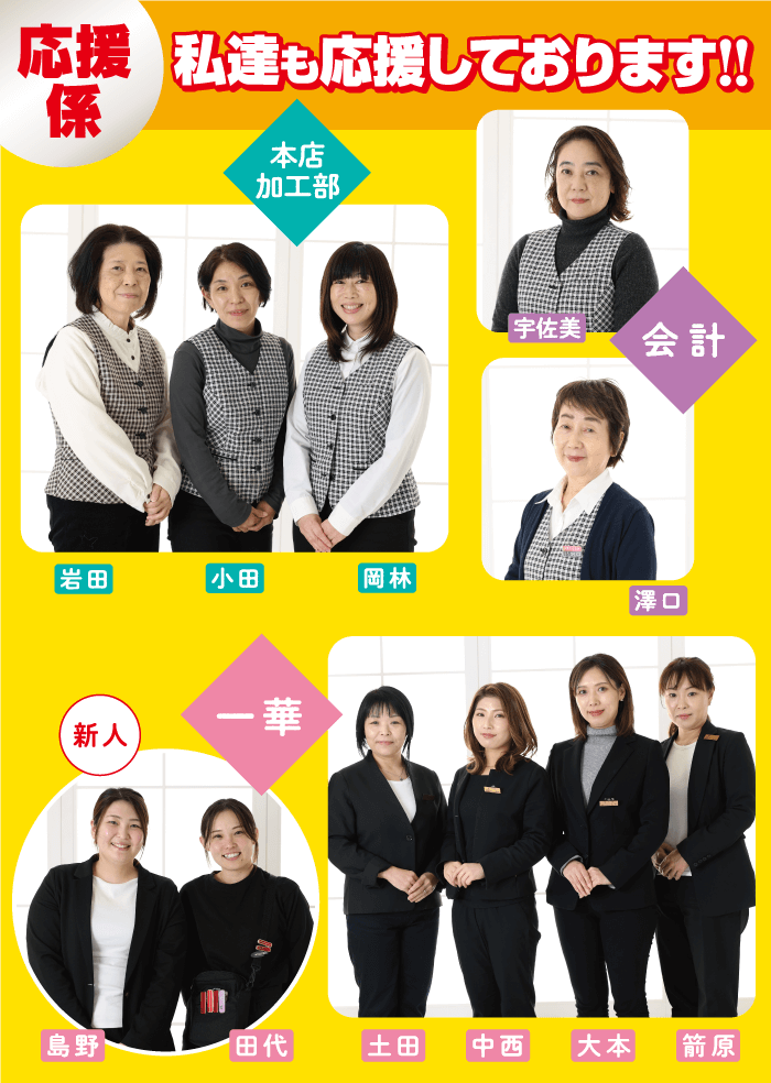 応援 私達も応援しております!! 係 本店 加工部 岩田 | 小田 岡林 宇佐美 会計 澤口 新人 一華 島野 田代 土田 中西 粥 |大本 箭原