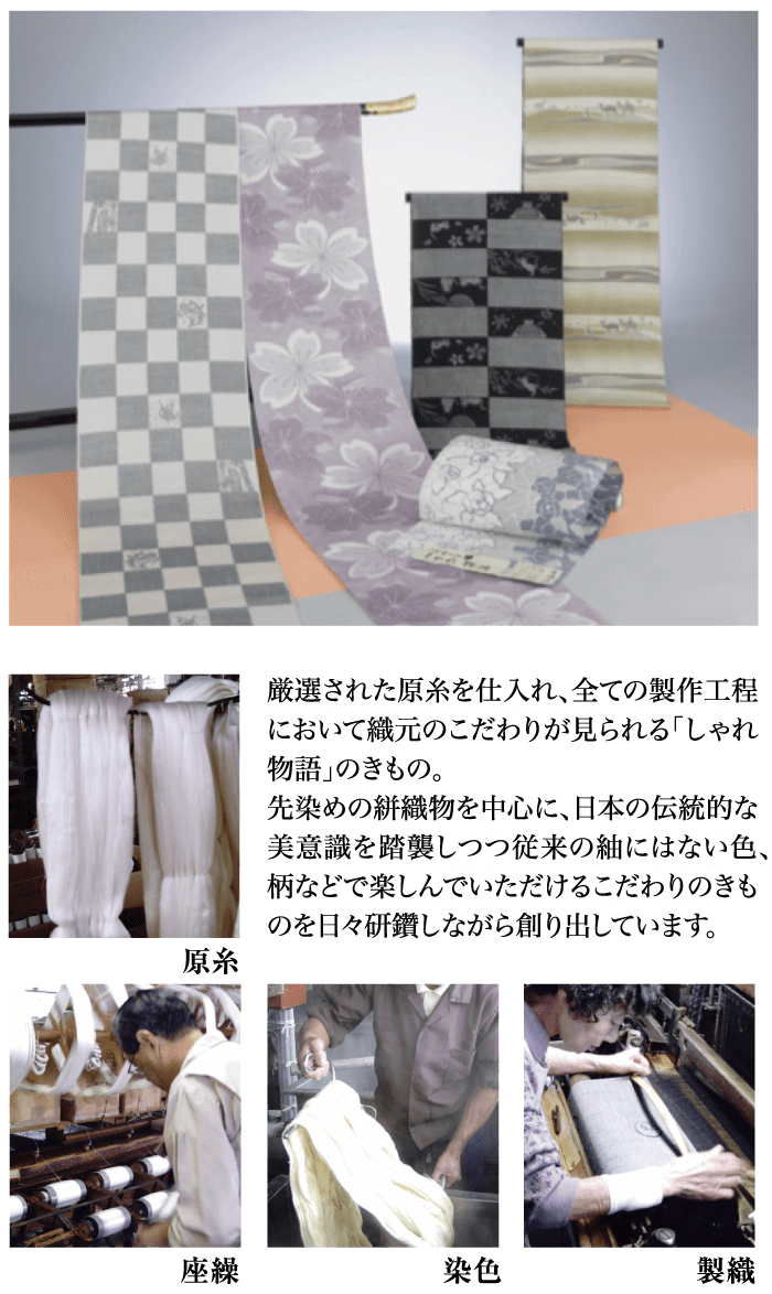 原糸 厳選された原糸を仕入れ、 全ての製作工程 において織元のこだわりが見られる 「しゃれ 「物語」のきもの。 先染めの絣織物を中心に、 日本の伝統的な 美意識を踏襲しつつ従来の油にはない色、 柄などで楽しんでいただけるこだわりのきも のを日々研鑽しながら創り出しています。 座繰 染色 製織