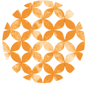 白い背景にオレンジとライトオレンジの花びらが重なり合う円形の幾何学模様。このデザインは、一連の絡み合った円と星のようなモチーフを作り出し、対称的で視覚的に複雑な構成を形成します。
