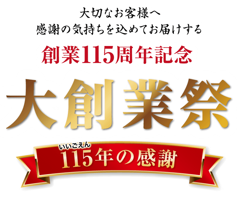 お祝いのグラフィックの背景に日本語のテキストが書かれています。メインテキストは「115周年記念」です。追加のテキストはお客様への感謝を表し、「115年間の感謝」と書かれています。デザインには、下部に装飾的なバナーが付いた赤と金の配色が含まれています。