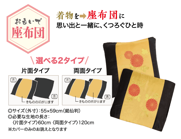 花の刺繍が施された日本の伝統的な座布団 2 枚 (1 枚は黒、もう 1 枚は黄色) の画像。左は片面と両面の 2 種類を示しています。寸法と説明は日本語のテキストで提供されています。座布団の周囲には装飾と情報要素が配置されています。