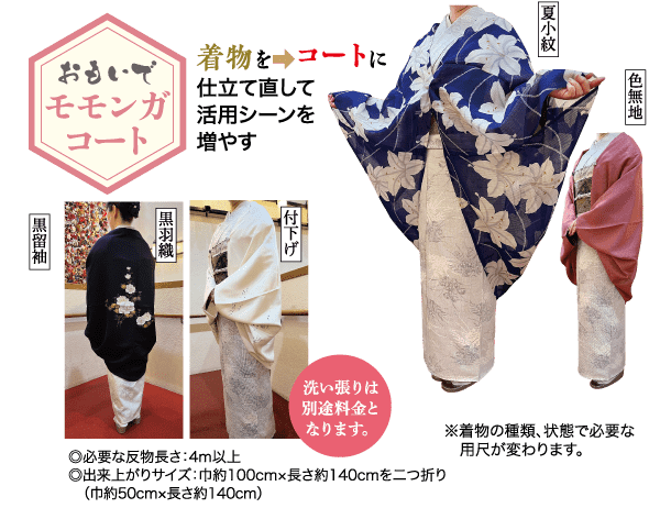 イラストには、ピンクとブルーの花柄が入った日本の伝統的な着物を着た女性が描かれています。その横には日本語のテキストが表示され、着物の上にコートを着ることを推奨しています。生地のサンプルと説明書も付いています。