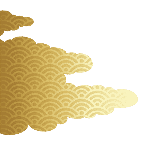 透明な背景に複雑な波模様を描いた金色の雲のデザイン。この模様は様式化された波の形の繰り返しで構成されており、調和のとれたエレガントな外観を生み出しています。左側はより密集しており、右側は先細りになっており、動きを感じさせます。