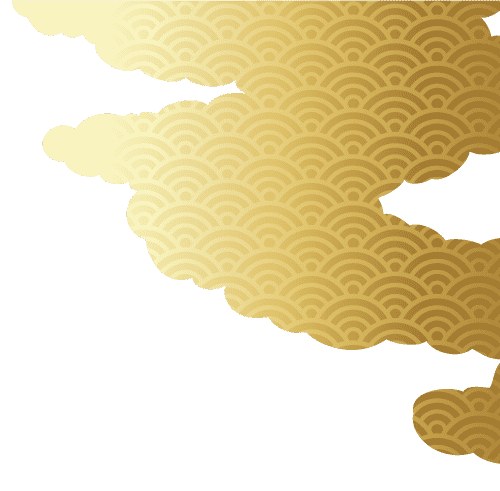 複雑に重なり合うスカラップ模様が特徴の金色の雲のイラストで、伝統的でエレガントなデザインです。雲は透明な背景に浮かんでいるため、浮いているように見えます。金色の色合いは強度が異なり、画像に深みと質感を加えています。