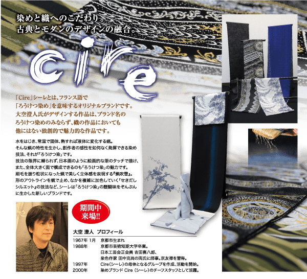 エレガントなテキスタイル アートとデザインを特徴とするコラージュ。中央のテキストには「cire」と説明が書かれています。複雑な模様の布地、花瓶、彫刻の画像が含まれています。左下には赤いテキスト バブルのある人物の肖像画があります。背景には黒と金の模様が描かれています。