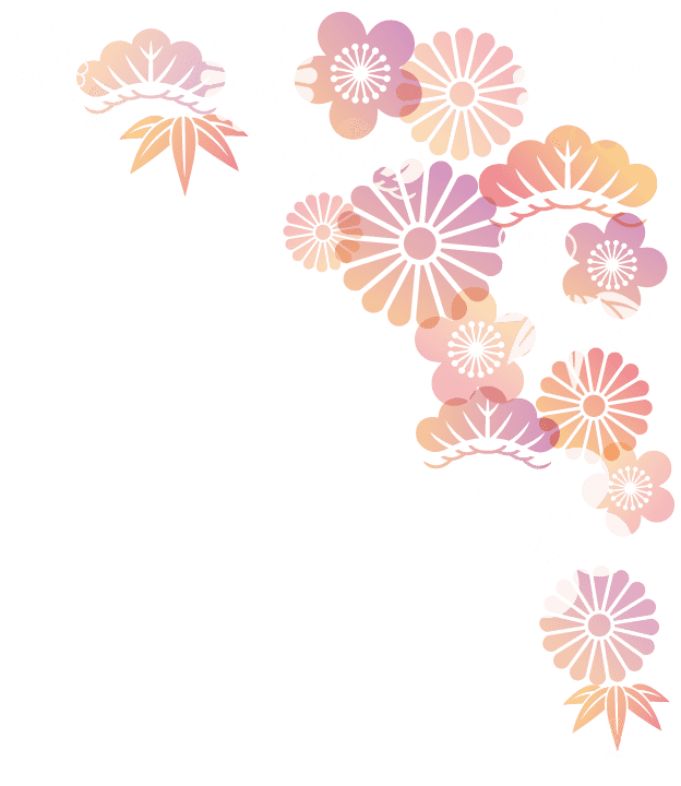 さまざまな様式化された花をあしらった装飾的なコーナー フラワー アレンジメントです。デザインには、ピンク、オレンジ、白の色合いの花が含まれ、花びらと雄しべの複雑なディテールが L 字型に配置されています。花の間には葉が散りばめられています。.