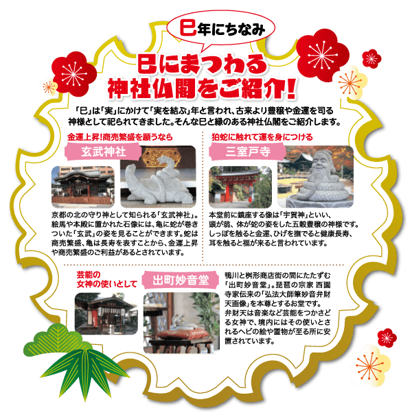 カラフルな画像と文章が特徴的な日本のチラシ。上部には、亥年に関連する神社と寺院についての赤いタイトルが書かれています。キャプション付きの 4 枚の写真には、神社の入り口、寺院の内部、猪の像、複雑な庭園の風景が含まれています。チラシは花のアクセントで飾られています。.