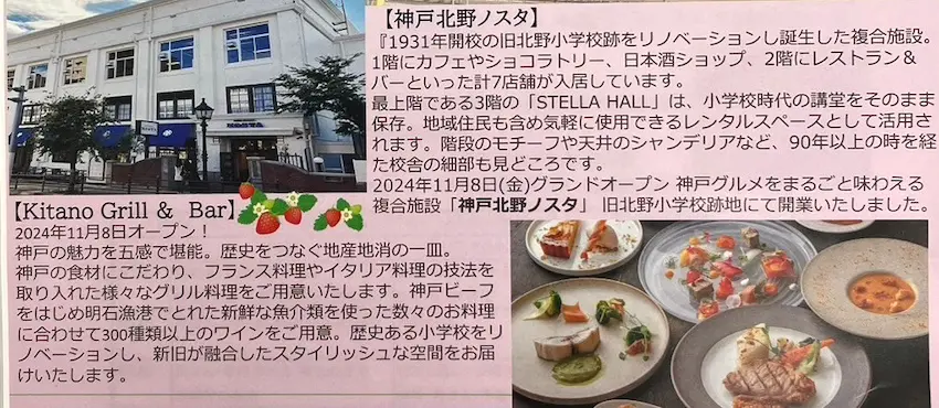 画像には、「TRINITY」と書かれた建物と日本語の文字、焼き肉やサラダ、スープなど盛り付けられた料理の画像がコラージュされている。文字には「Kitano Grill & Bar」と書かれ、2024年にオープン予定とあり、飾りのイチゴが散りばめられている。.