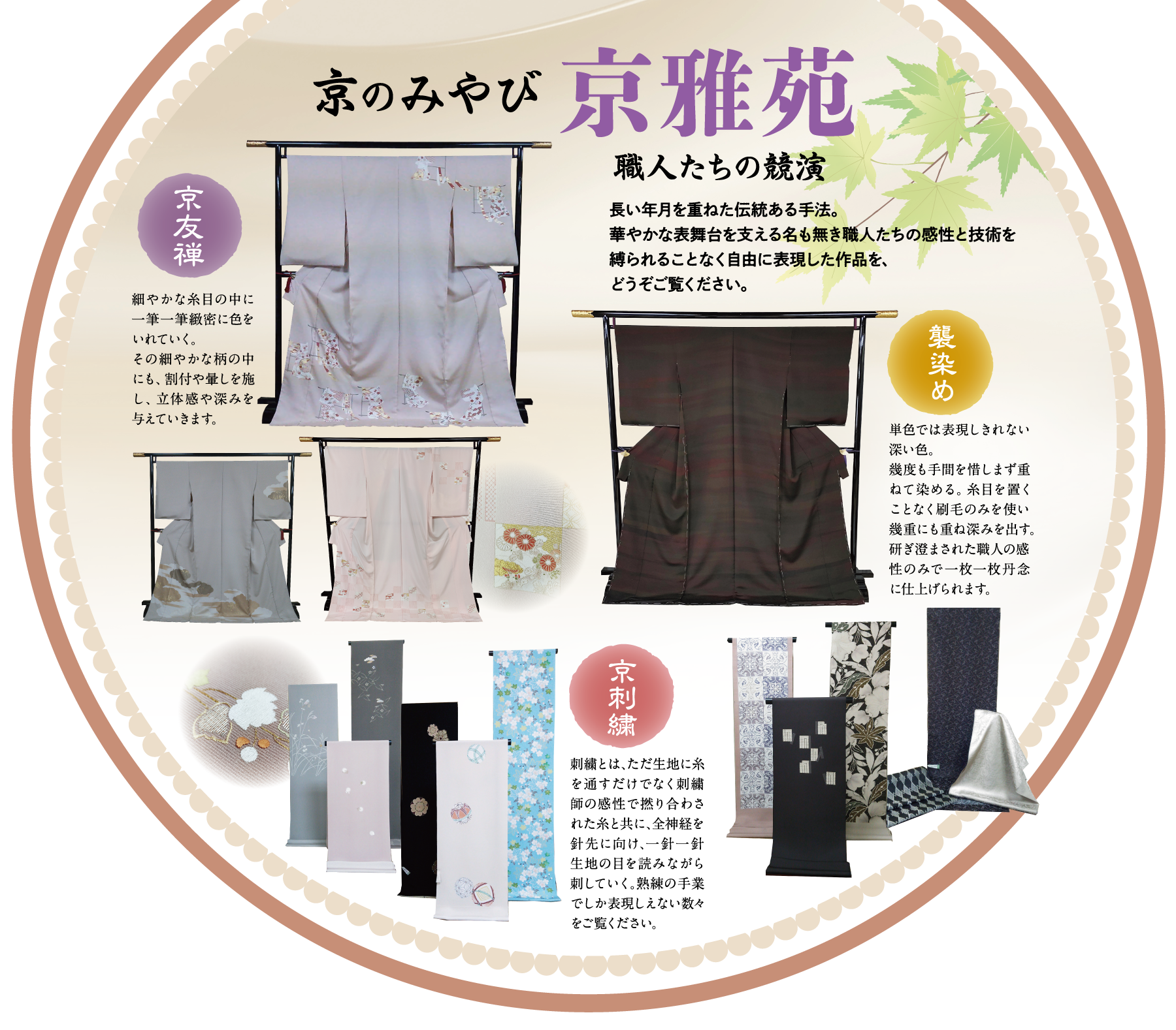 円形の和風パンフレットは、梅の花のモチーフがあしらわれたクリーム色の背景に、エレガントな着物のディスプレイ、テキスタイルのサンプル、書道が描かれている。夏祭りの伝統と京都まるなか匠の技を強調し、柄生地と金文字のアクセントで縁取られている。.