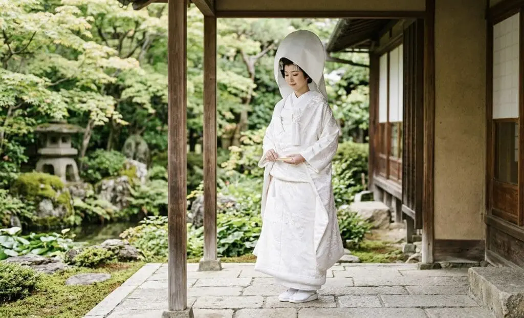 日本の伝統的な白髪の衣装を着て、大きな白い頭飾りをつけた女性が、木造の建物のそばの石造りの中庭で、青々とした庭の葉と石灯籠に囲まれて静かに立っている。彼女は両手をそっと組んで下を向いている。#スタッフBLOG.