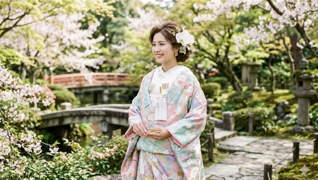 花嫁衣装を思わせるパステルカラーの花柄の着物を着た女性が、桜が咲き乱れ、アーチ型の木製の橋が架かる日本庭園に微笑みながら立っている。豊かな緑と柔らかな春の光の中で、彼女の髪には白い花が飾られている。.