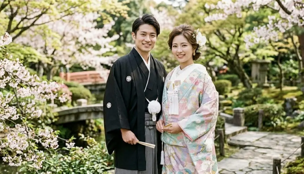 満開の桜の中で微笑むカップル。男性は日本の伝統的な黒い着物を着ており、女性は花嫁衣装に似たパステルカラーの花柄の着物を着て、木々と小さな橋のある静かな庭の石畳の小道に立っている。.