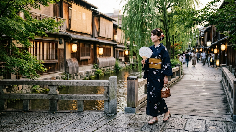 濃い色の花柄の浴衣をまとった女性が、石橋の上に立ち、扇子と籠を手にしています。彼女の横には伝統的な建物や細い運河、緑の木々が広がり、彼女は微笑んでいます。遠くでは、石畳の道を数人の人々が歩いています。夕暮れの提灯がほのかに灯り、当スタッフのブログで紹介された「お出かけ」の絶好の瞬間を捉えています。.