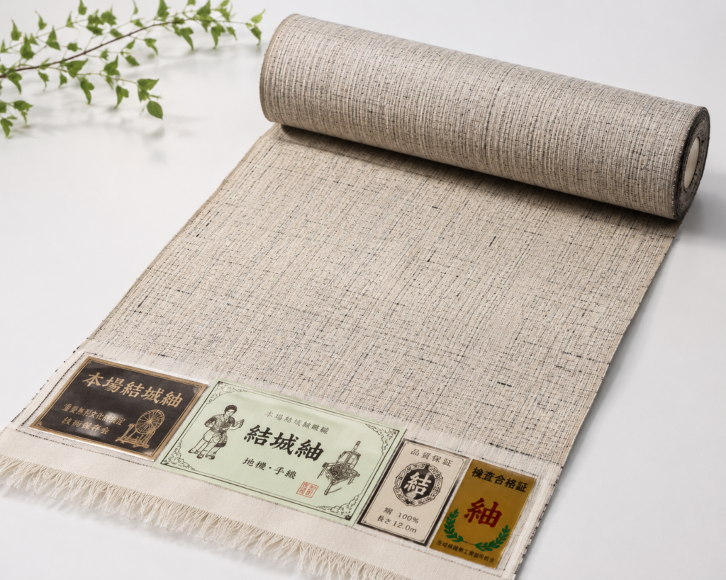 白い台紙の上に、ライトベージュの織物が部分的に広げられており、その一端には「全国紬」などの日本語の文字や装飾模様が記された3枚のラベルが貼られています。左上隅には緑の葉のついた枝が描かれており、当サイトのスタッフブログでもよく紹介されているような、穏やかな雰囲気を醸し出しています。.