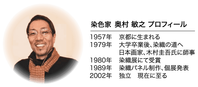 染色家 奥村 敏之 プロフィール 1957年 京都に生まれる 1979年 大学卒業後、 染織の道へ 日本画家、木村圭吾氏に師事 1980年 染織展にて受賞 1989年 染織パネル制作、個展発表 2002年 独立 現在に至る