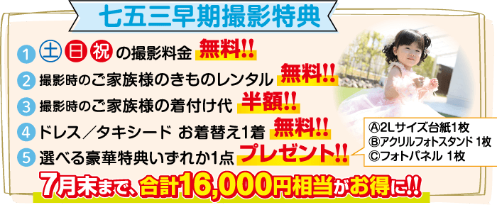 七五三早期撮影特典 土 日 祝 の撮影料金 無料!! 2 撮影時のご家族様のきものレンタル」 無料!! 3 撮影時のご家族様の着付け代 半額!! 4 ドレス/タキシード お着替え1着 無料!! A2Lサイズ台紙1枚 8アクリルフォトスタンド 1枚 フォトパネル1枚 5選べる豪華特典いずれか1点プレゼント!! 7月末まで、合計16,000円相当がお得に!!