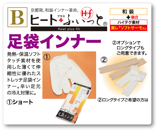 足温器のパッケージ。左側には日本語で詳しい説明が書かれています。右側には、パーツが追加された靴下の画像があります。背景にはオレンジ色の大きな円があります。暖かさと快適さを強調したデザインです。