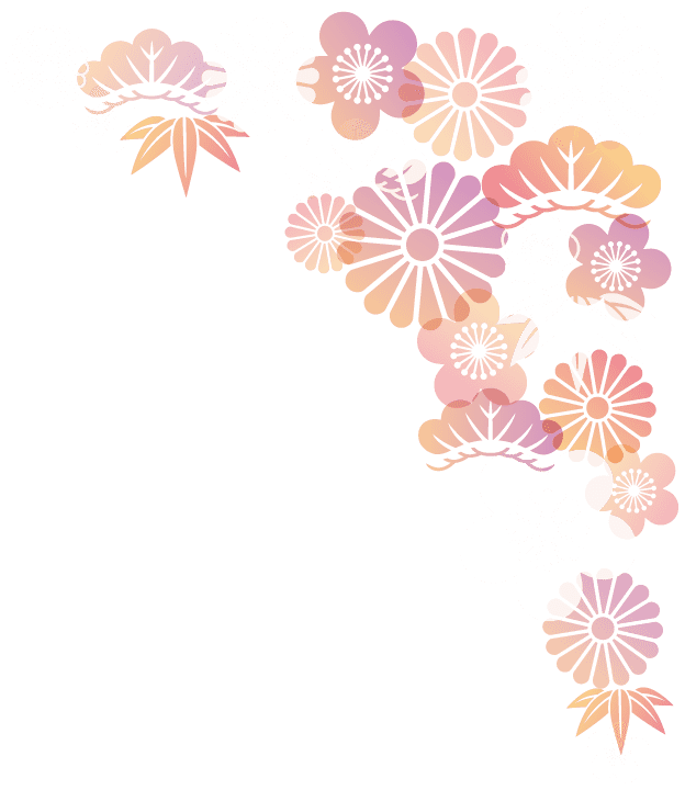 さまざまな様式化された花をあしらった装飾的なコーナー フラワー アレンジメントです。デザインには、ピンク、オレンジ、白の色合いの花が含まれ、花びらと雄しべの複雑なディテールが L 字型に配置されています。花の間には葉が散りばめられています。.