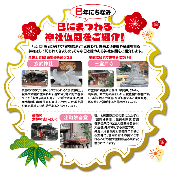 カラフルな画像と文章が特徴的な日本のチラシ。上部には、亥年に関連する神社と寺院についての赤いタイトルが書かれています。キャプション付きの 4 枚の写真には、神社の入り口、寺院の内部、猪の像、複雑な庭園の風景が含まれています。チラシは花のアクセントで飾られています。.