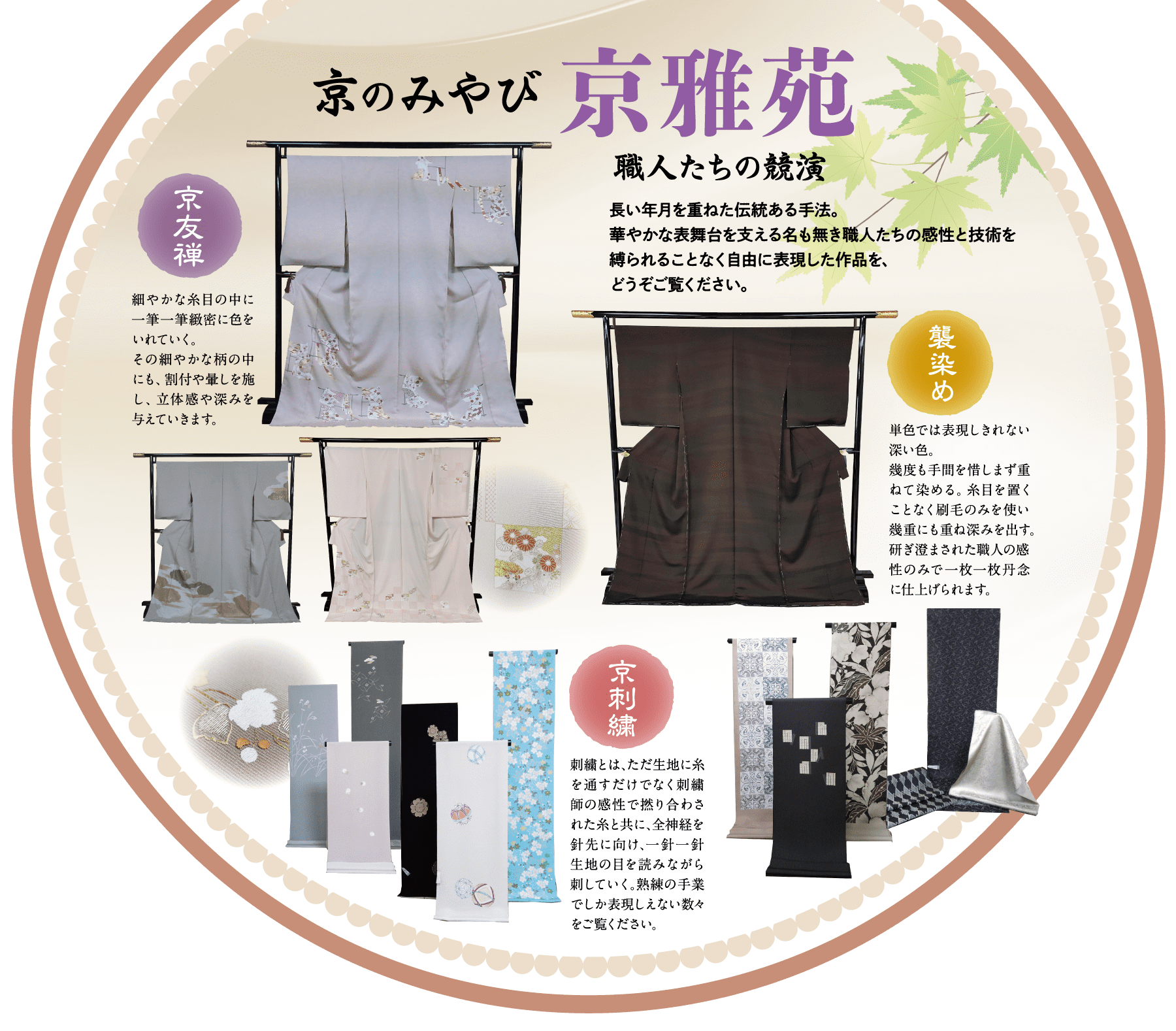円形の和風パンフレットは、梅の花のモチーフがあしらわれたクリーム色の背景に、エレガントな着物のディスプレイ、テキスタイルのサンプル、書道が描かれている。夏祭りの伝統と京都まるなか匠の技を強調し、柄生地と金文字のアクセントで縁取られている。.