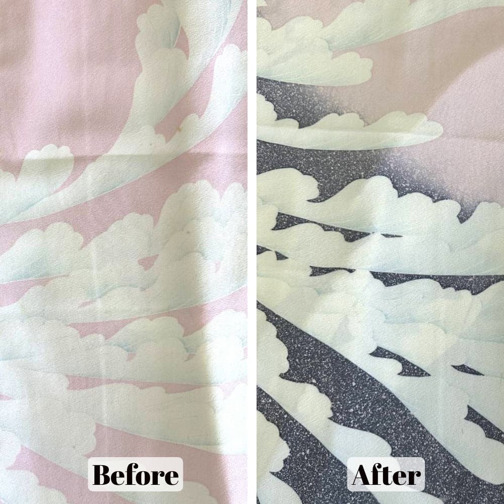 生地を並べて比較。Before」と書かれた左半分は淡いピンクと白の雲模様。右半分は「After」と表示され、同じパターンを示しているが、背景がピンクの代わりに濃いグレーになっており、コントラストがよりドラマチックになっている。.