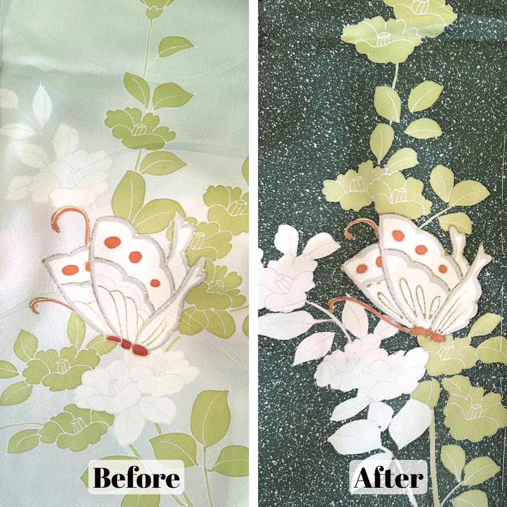 布刺繍の分割画像。左側（「Before」）の背景は淡く、蝶と緑の葉が描かれている。右側（"After"）には同じ蝶と葉が描かれた濃いまだら模様の背景があり、図案がより大胆で鮮やかに見える。.