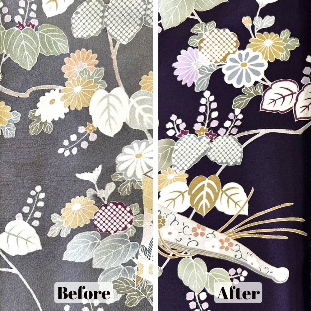 花柄の布地を示す分割画像。左側は "Before "と表示され、色あせた淡い色。右側は "After "と表示され、同じ柄を鮮やかで豊かな色と暗い背景で表示している。.